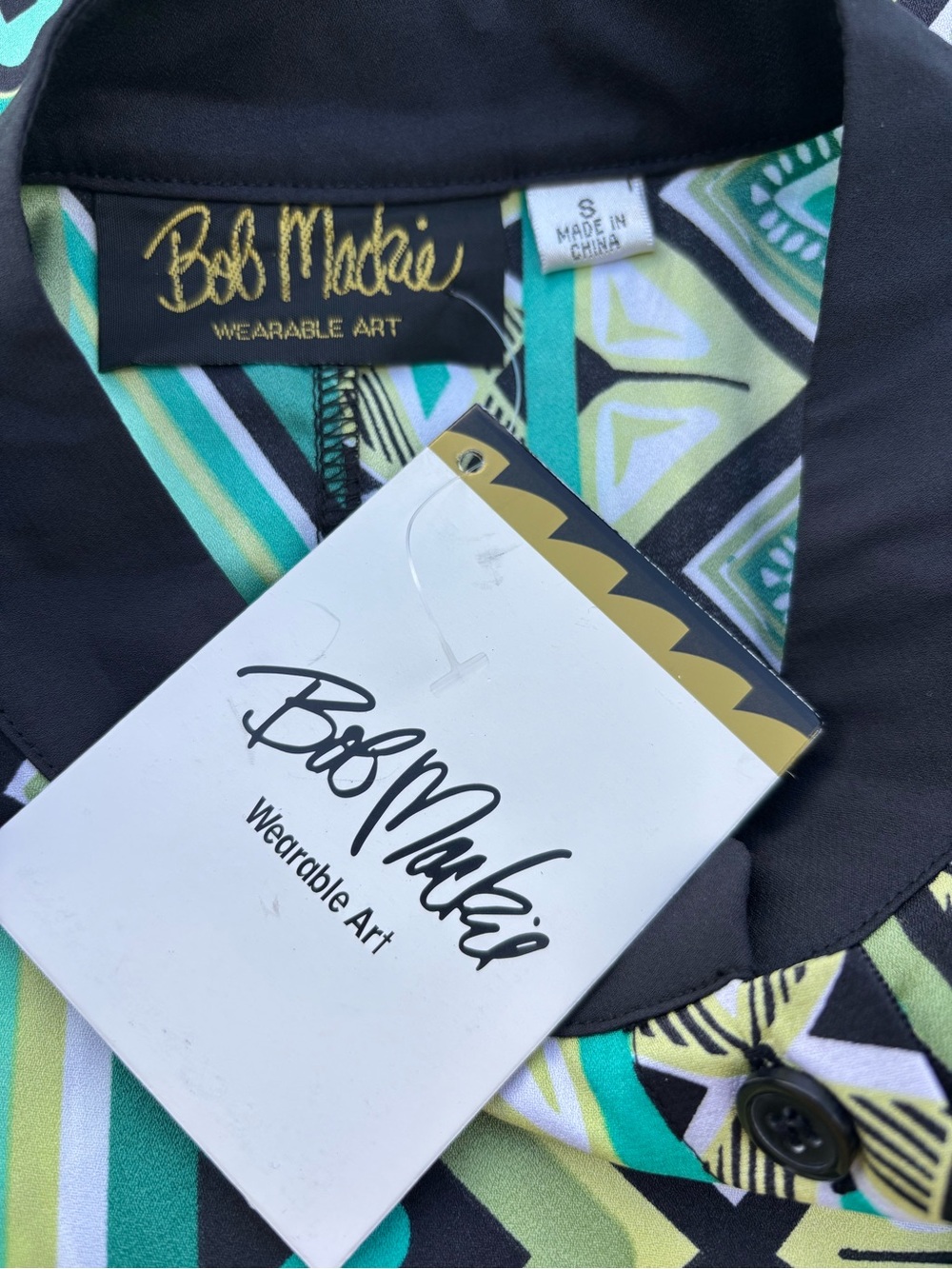 NWT Bob Mackie Green & Black Long Sleeve Geometric Paisley Print Top Small - Picture 5 of 5